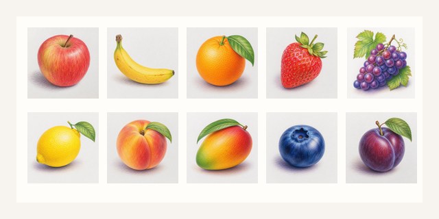 Pencil drawings of fruit used in the Fruit Memory game