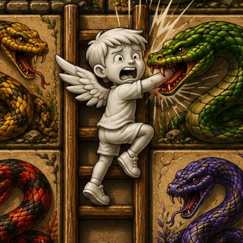 A snake bites the boy on the ladder